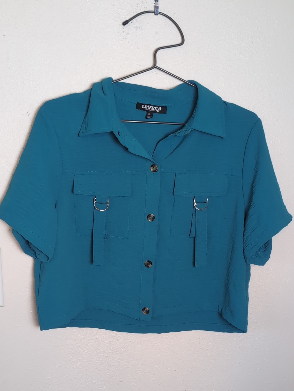 Love Teal Short-Sleeve Button Front Utility Shirt XL